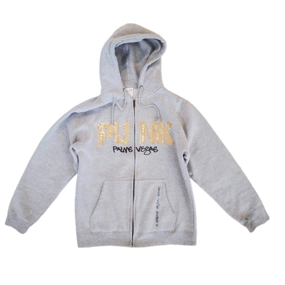 Palms Casino Las Vegas Women's Punk Gray Gold Stud Zip Hoodie Sweatshirt Small
